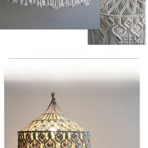 Macro detail of hand-woven cotton macrame lampshade with geometric boho fringes