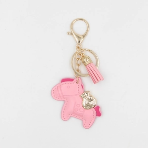 Porte-clés cheval en cuir rose avec pompon et breloque dorée pour sacs à main