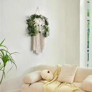 Handmade bohemian fox macrame wall hanging with eucalyptus leaves for home decor