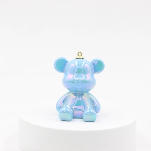 Chic laser resin bear keychain with aurora blue gradient and golden metal ring