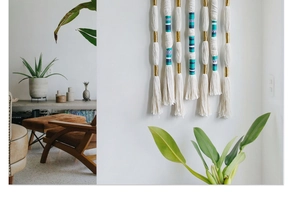Detail of bohemian handmade woven tapestry with tassels and colorful thread accents