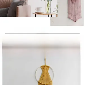 Detail of pink and yellow handmade macrame wall hangings with woven cotton tassels