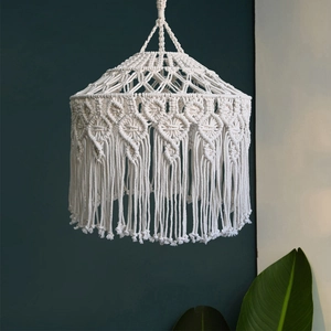 Bohemian hand-woven cotton rope lampshade with elegant tassels and geometric patterns