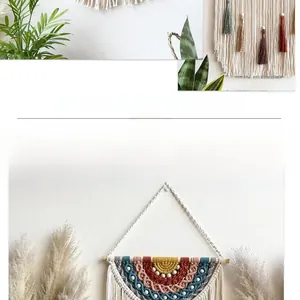 Handwoven bohemian cotton rope tapestry with colorful fringe and solid wood hanging rod