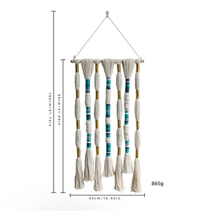 Nordic boho wall hanging macrame tapestry with blue tassels on a wooden rod 106cm