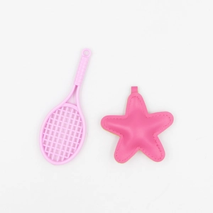Pink plastic tennis racket model and faux leather starfish pendant with stitching details