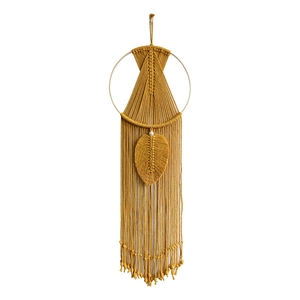 Nordic ginger yellow macrame wall hanging with handmade leaf pattern and long tassels