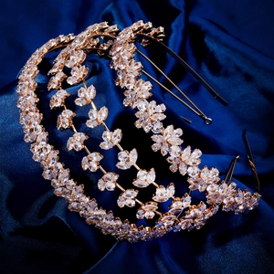 Serre-tête doré multicouche élégant avec motifs floraux en zircon marquise pour fêtes