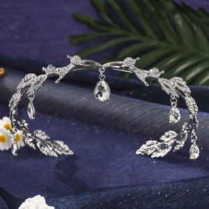 Silver leafy tiara with teardrop crystal pendants and white rhinestones for weddings