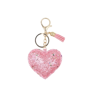 Porte-clés cœur à paillettes roses avec sequins étoiles, fermoir doré et pompon