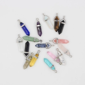Set of hexagonal natural stone crystal pendants with silver metal clasps in various colors