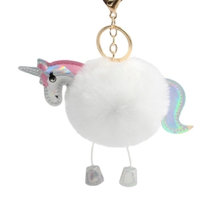 Cute Unicorn Plush Ball Keychain Holographic PU Leather Animal Bag Charm Golden Metal Lobster Clasp Key Ring Ornament Gift