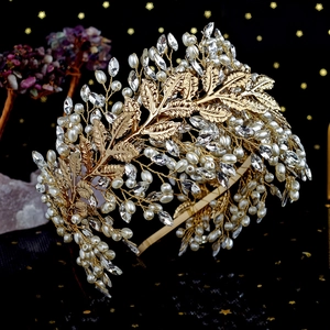Luxury gold leaf crown headband with handmade pearls and sparkling rhinestones