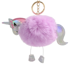 Plush purple unicorn pom pom keychain with holographic details and golden metal ring
