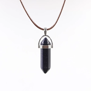 Blue goldstone hexagonal prism pendant necklace with brown braided cord on white background