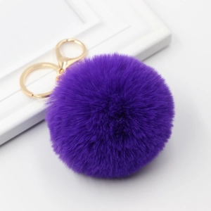 Fuffy dark purple faux rabbit fur pompom keychain with golden metal ring and lobster clasp