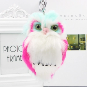 Porte-clés chouette en peluche bicolore bleu et magenta avec fermoir métallique argenté