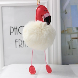 Porte-clés Pompon Flamant Rose Mignon pour Femmes Filles Peluche Polyester Cuir PU Métal Oiseau Charme de Sac Décoration de Voiture