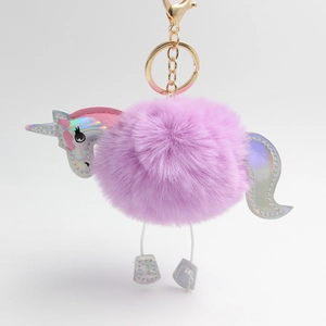 Detailed close-up of a purple faux fur unicorn keychain with iridescent leather features
