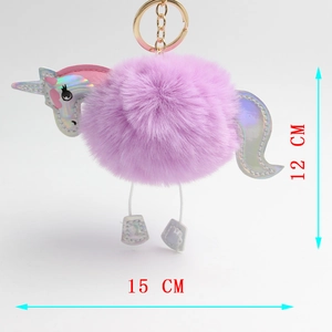 Detailed view of the 12cm plush unicorn keychain showing size measurements and purple fur