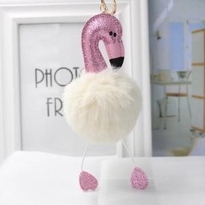Pink sequin flamingo plush pompom keychain with gold metal ring for bags and car keys