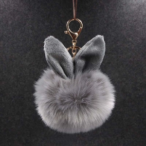 Détail du porte-clés pompon en peluche gris avec oreilles de lapin et fermoir doré