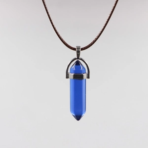 Hexagonal blue crystal stone pendant necklace with adjustable brown braided cord