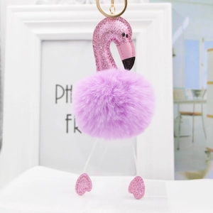 Pink sequin flamingo plush pompom keychain with golden ring for bags and car decor
