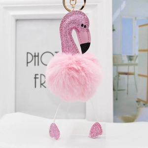 Cute Flamingo Pom Pom Keychain Sequin Plush Animal Bag Pendant Gold Key Ring Car Hanging Ornament For Women Girls Gift