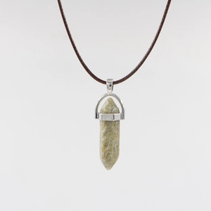 Close-up of hexagonal prism green natural stone pendant with silver clasp and brown cord