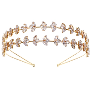 Serre-tête double couche doré avec cristaux et motifs de feuilles pour mariage et fêtes