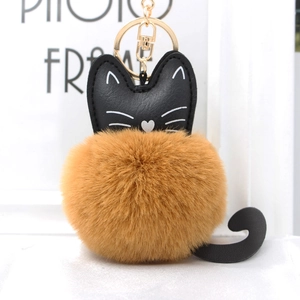 Cute Cartoon Cat Plush Pom Pom Keychain For Women PU Leather Animal Bag Pendant Gold Alloy Keyring Decoration Gift Accessory