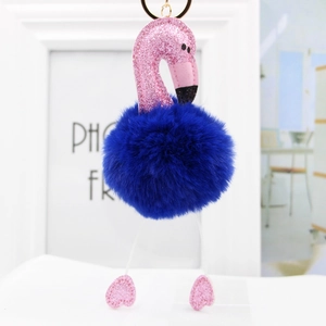 Detail view of flamingo keychain with pink sequins and dark blue faux fur pompom