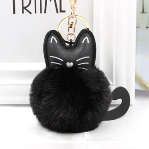 Cute black plush cat keychain with faux leather cat head and gold lobster clasp