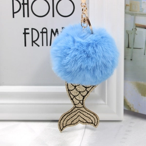 Porte-clés pompon sirène bleu mignon avec queue en paillettes dorées et fermoir doré
