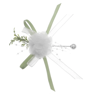 Elegant white tulle flower boutonniere with pearl pin and green ribbon for wedding