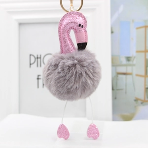 Pink sequin flamingo keychain with fluffy grey pom pom and gold ring for handbag