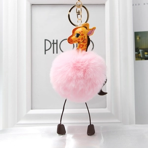 Cute pink faux rabbit fur giraffe pom pom keychain with gold clasp for bags