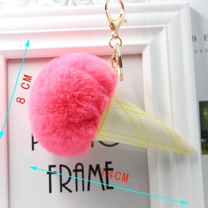 Detail of pink faux fur ice cream keychain with dimensions 8cm and 14cm markers