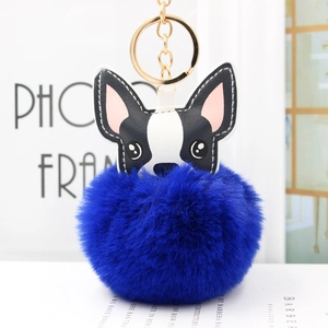 Dettaglio di un ciondolo a forma di cane con pompon in pelliccia blu reale e anello d'oro