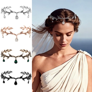 Elf Princess Leaf Bridal Crown Zinc Alloy Rhinestone Headband With Teardrop Pendant Wedding Party Hair Jewelry For Women
