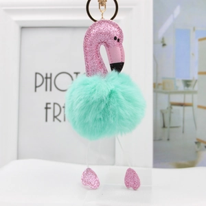 Detail of flamingo keychain with pink sequins and mint green faux fur pompom ball