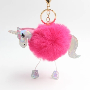 Detailed close-up of pink faux fur unicorn keychain with shimmering silver laser leather