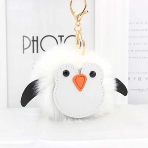 Cute white faux fur penguin keychain with golden metal clasp for handbag decoration