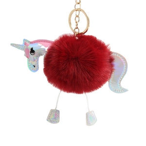 Cute red faux fur unicorn keychain with holographic silver limbs and a golden metal clip