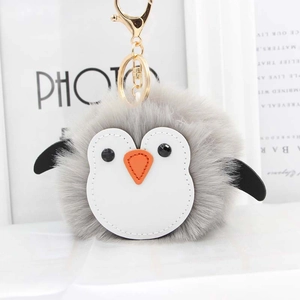 Cute 10cm grey penguin faux fur pompom keychain with gold lobster clasp and ring