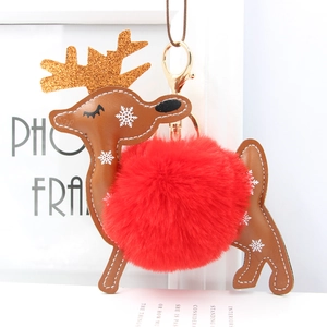 Detail of Christmas reindeer keychain with faux fur ball and golden glitter antlers
