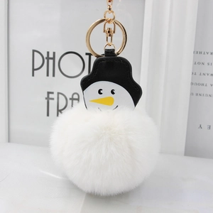 Porte-clés bonhomme de neige de Noël en peluche avec pompon blanc et anneau doré