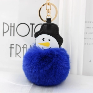 Détail d'un porte-clés bonhomme de neige en fausse fourrure bleue avec mousqueton doré