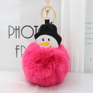 Détail du porte-clés bonhomme de neige en fausse fourrure rose avec anneau doré